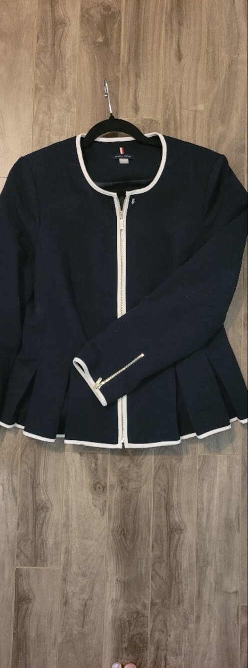 Tommy Hilfiger Navy Peplum Zip Jacket with White Trim